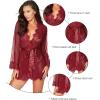 imageRSLOVE Women Lace Kimono Robe Sexy Babydoll Lingerie Mesh Cover Up Bridal LingerieWine Red
