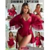 imageRSLOVE Women Sexy Lingerie Set  2 Piece Lace Kimono with Teddy Lingerie Satin Robe Set Bodysuit NightgownWine Red
