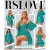imageRSLOVE Women Sexy Lingerie Set 3 Piece Babydoll ampamp Lace Kimono Robe Strap Chemise Sleepwear Mesh NightgownBlue Green