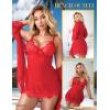 imageRSLOVE Women Sexy Lingerie Set 3 Piece Babydoll ampamp Lace Kimono Robe Strap Chemise Sleepwear Mesh NightgownRed
