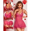 imageRSLOVE Women Sexy Lingerie Set 3 Piece Babydoll ampamp Lace Kimono Robe Strap Chemise Sleepwear Mesh NightgownRose Red