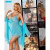 imageRSLOVE Women Sexy Lingerie Set 3 Piece Babydoll ampamp Lace Kimono Robe Strap Chemise Sleepwear Mesh NightgownSky Blue Azure