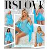 imageRSLOVE Women Sexy Lingerie Set 3 Piece Babydoll ampamp Lace Kimono Robe Strap Chemise Sleepwear Mesh NightgownSky Blue Azure