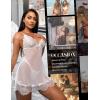 imageRSLOVE Women Sexy Lingerie Set 3 Piece Babydoll ampamp Lace Kimono Robe Strap Chemise Sleepwear Mesh NightgownWhite