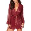 imageRSLOVE Women Lace Kimono Robe Sexy Babydoll Lingerie Mesh Cover Up Bridal LingerieWine Red