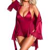 imageRSLOVE Women Sexy Lingerie Set  2 Piece Lace Kimono with Teddy Lingerie Satin Robe Set Bodysuit NightgownWine Red