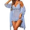 imageRSLOVE Women Sexy Lingerie Set 3 Piece Babydoll ampamp Lace Kimono Robe Strap Chemise Sleepwear Mesh NightgownLight Blue