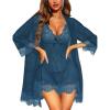 imageRSLOVE Women Sexy Lingerie Set 3 Piece Babydoll ampamp Lace Kimono Robe Strap Chemise Sleepwear Mesh NightgownPeacock Blue