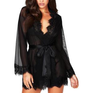 imageRSLOVE Women Lace Kimono Robe Sexy Babydoll Lingerie Mesh Cover Up Bridal LingerieBlack