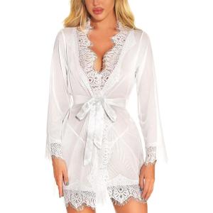 imageRSLOVE Women Lace Kimono Robe Sexy Babydoll Lingerie Mesh Cover Up Bridal LingerieWhite