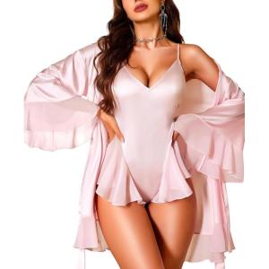 imageRSLOVE Women Sexy Lingerie Set  2 Piece Lace Kimono with Teddy Lingerie Satin Robe Set Bodysuit NightgownPink