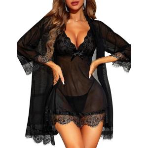 imageRSLOVE Women Sexy Lingerie Set 3 Piece Babydoll ampamp Lace Kimono Robe Strap Chemise Sleepwear Mesh NightgownBlack