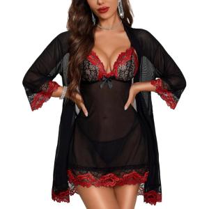 imageRSLOVE Women Sexy Lingerie Set 3 Piece Babydoll ampamp Lace Kimono Robe Strap Chemise Sleepwear Mesh NightgownBlackred