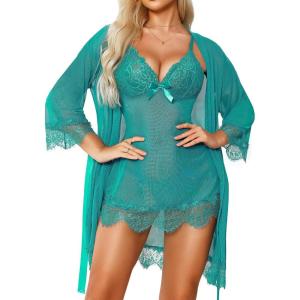 imageRSLOVE Women Sexy Lingerie Set 3 Piece Babydoll ampamp Lace Kimono Robe Strap Chemise Sleepwear Mesh NightgownBlue Green