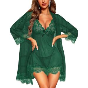 imageRSLOVE Women Sexy Lingerie Set 3 Piece Babydoll ampamp Lace Kimono Robe Strap Chemise Sleepwear Mesh NightgownDark Green