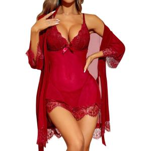 imageRSLOVE Women Sexy Lingerie Set 3 Piece Babydoll ampamp Lace Kimono Robe Strap Chemise Sleepwear Mesh NightgownWine Red