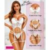 imageRSLOVE Lingerie Set for Women Sexy  3 Piece Lace Push Up Underwire with Garter Outfits Lingerie Bra And Panty Sets BabydollWhite