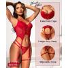imageRSLOVE Lingerie Set for Women Sexy  3 Piece Lace Push Up Underwire with Garter Outfits Lingerie Bra And Panty Sets BabydollWine Red