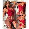 imageRSLOVE Lingerie Set for Women Sexy  3 Piece Lace Push Up Underwire with Garter Outfits Lingerie Bra And Panty Sets BabydollWine Red