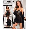 imageRSLOVE Lingerie Sets for Women Sexy  3 Piece Babydoll and Lace Kimono Robe Chemise Mesh Nightgown SleepwearBlack