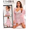 imageRSLOVE Lingerie Sets for Women Sexy  3 Piece Babydoll and Lace Kimono Robe Chemise Mesh Nightgown SleepwearPink