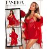 imageRSLOVE Lingerie Sets for Women Sexy  3 Piece Babydoll and Lace Kimono Robe Chemise Mesh Nightgown SleepwearRed