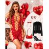 imageRSLOVE Lingerie for Women Sexy Fishnet Bodysuit Sparkle Rhinestone Teddy Babydoll Cut Out Romper ChemiseRed
