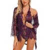imageRSLOVE Women Sexy Bridal Lingerie Set 2 Piece Lace Robe With Sheer Teddy Babydoll BodysuitPurple