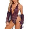 imageRSLOVE Women Sexy Bridal Lingerie Set 2 Piece Lace Robe With Sheer Teddy Babydoll BodysuitPurple