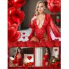 imageRSLOVE Women Sexy Bridal Lingerie Set 2 Piece Lace Robe With Sheer Teddy Babydoll BodysuitWine Red