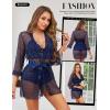 imageRSLOVE Women Sexy Lingerie Set  3 Piece Lace Bra and Panty Sets with Mesh Kimono Robe Nightgown SleepwearNavy Blue