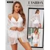 imageRSLOVE Women Sexy Lingerie Set  3 Piece Lace Bra and Panty Sets with Mesh Kimono Robe Nightgown SleepwearWhite