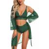 imageRSLOVE Women Sexy Lingerie Set 3 Piece Lace Kimono Robe with Bra and Panty Sheer SleepwearGreen
