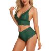 imageRSLOVE Women Sexy Lingerie Set 3 Piece Lace Kimono Robe with Bra and Panty Sheer SleepwearGreen