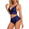 imageRSLOVE Women Sexy Lingerie Set 3 Piece Lace Kimono Robe with Bra and Panty Sheer SleepwearNavy Blue
