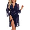 imageRSLOVE Women Sexy Lingerie Set 3 Piece Lace Kimono Robe with Bra and Panty Sheer SleepwearNavy Blue