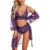 imageRSLOVE Women Sexy Lingerie Set 3 Piece Lace Kimono Robe with Bra and Panty Sheer SleepwearPurple