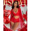 imageRSLOVE Women Sexy Lingerie Set 3 Piece Lace Kimono Robe with Bra and Panty Sheer SleepwearRed