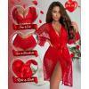 imageRSLOVE Women Sexy Lingerie Set 3 Piece Lace Kimono Robe with Bra and Panty Sheer SleepwearRed