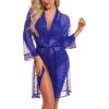 imageRSLOVE Women Sexy Lingerie Set 3 Piece Lace Kimono Robe with Bra and Panty Sheer SleepwearRoyal Blue