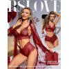 imageRSLOVE Women Sexy Lingerie Set 3 Piece Lace Kimono Robe with Bra and Panty Sheer SleepwearWine Red