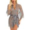 imageRSLOVE Womens Lace Kimono Robe Sexy Babydoll Lingerie Mesh NightgownGrey