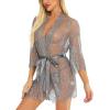 imageRSLOVE Womens Lace Kimono Robe Sexy Babydoll Lingerie Mesh NightgownGrey