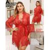 imageRSLOVE Womens Lace Kimono Robe Sexy Babydoll Lingerie Mesh NightgownRed