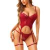 imageRSLOVE Lingerie Set for Women Sexy  3 Piece Lace Push Up Underwire with Garter Outfits Lingerie Bra And Panty Sets BabydollWine Red