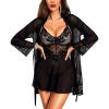 imageRSLOVE Lingerie Sets for Women Sexy  3 Piece Babydoll and Lace Kimono Robe Chemise Mesh Nightgown SleepwearBlack