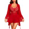 imageRSLOVE Lingerie Sets for Women Sexy  3 Piece Babydoll and Lace Kimono Robe Chemise Mesh Nightgown SleepwearRed