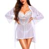 imageRSLOVE Lingerie Sets for Women Sexy  3 Piece Babydoll and Lace Kimono Robe Chemise Mesh Nightgown SleepwearWhite