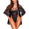 imageRSLOVE Sexy Womens Lingerie Set  2 Piece Lace Kimono Robe with Lace Teddy Lingerie Bodysuit SexyBlack