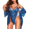 imageRSLOVE Sexy Womens Lingerie Set  2 Piece Lace Kimono Robe with Lace Teddy Lingerie Bodysuit SexyPeacock Blue